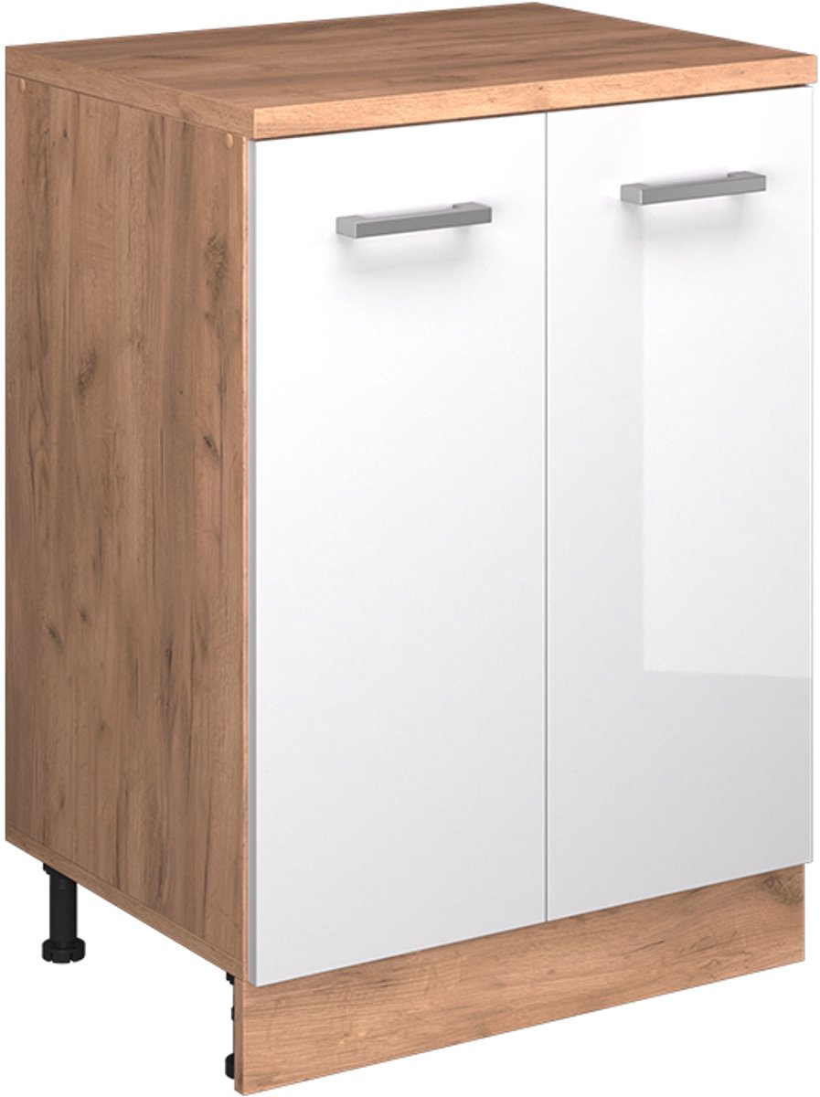 Vicco Keukenkast voor schuine wand R-Line, Wit Hoogglans, 60 cm zonder schuine kant met 2 deuren Wit Hoogglans/Goudkleurig Eiken