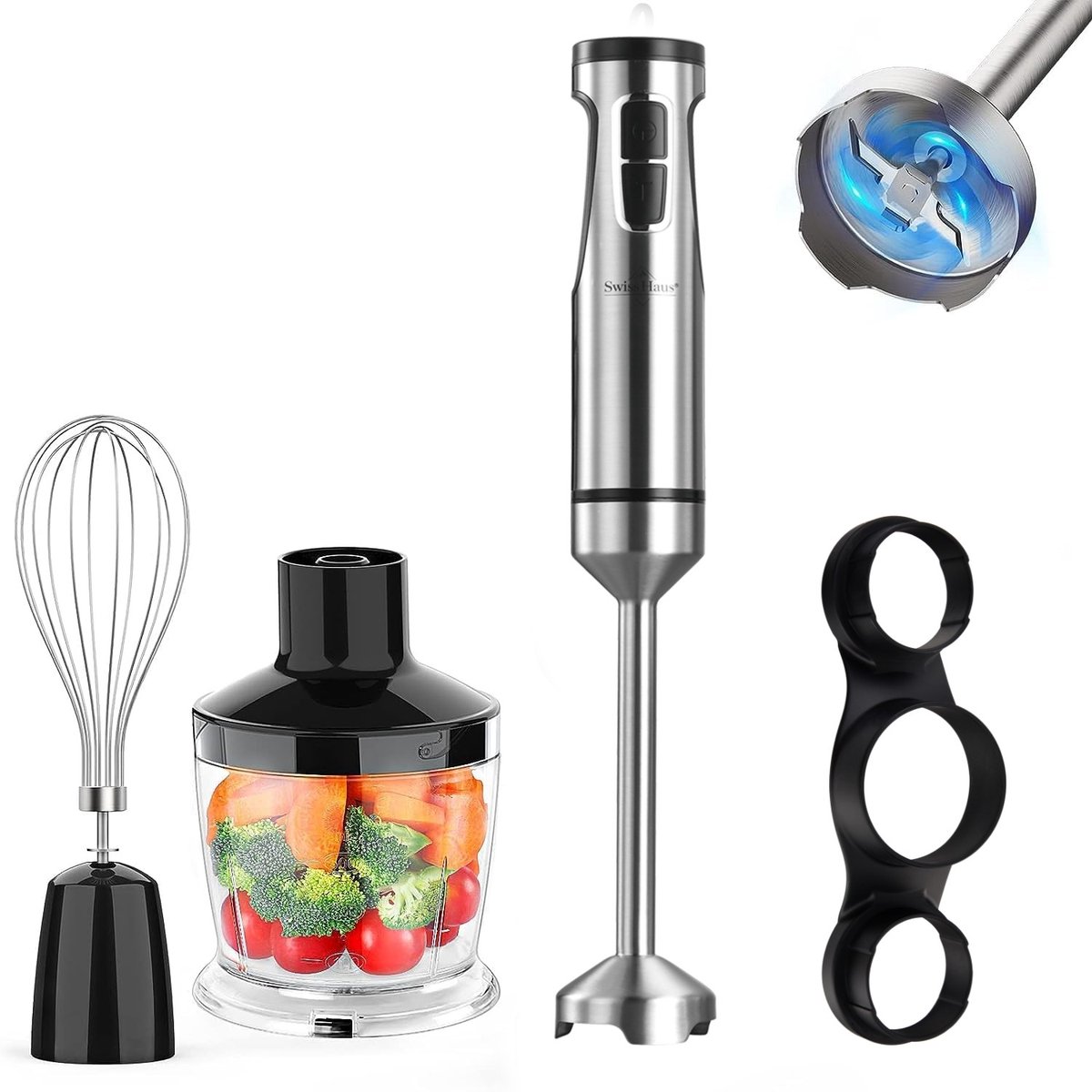 Swiss Haus® HBS22 3-in-1 Staafmixer - 1500W – RVS Hadnblender + Hakmolen 600ml + Klopper – 12 Snelheden + Turbo – Titanium 4 Bladenmes – Zermatt Glacier Collection