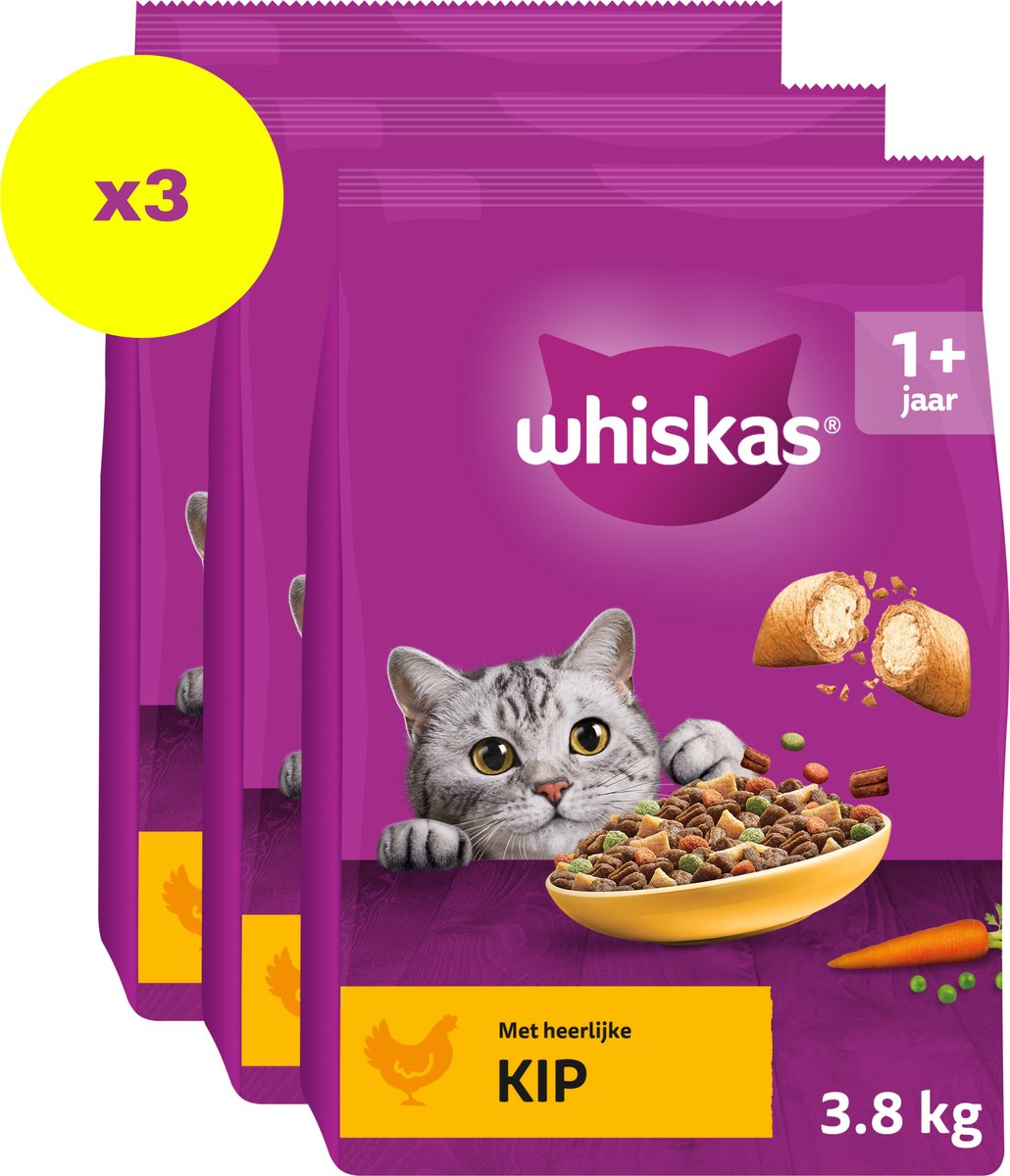 3x Whiskas 1+ Adult Katten Droogvoer Kip 3,8 kg