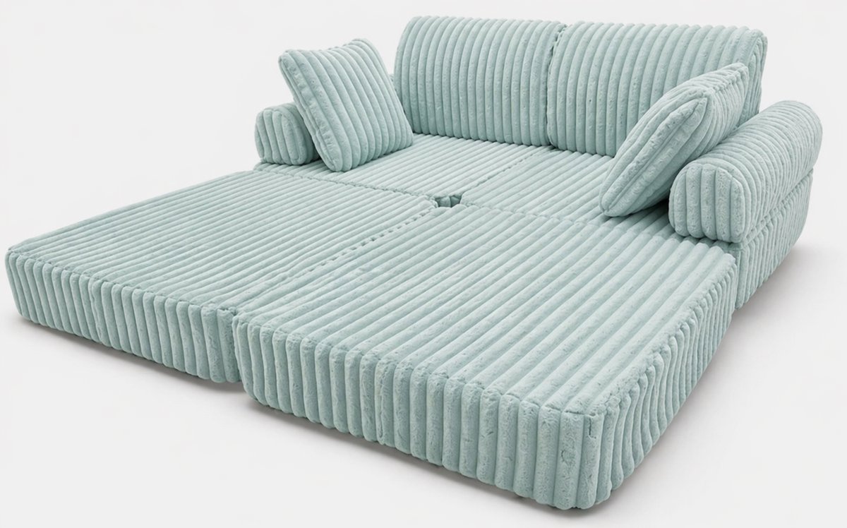 Modulaire Speelbank Turquoise Ribstof – Kinderbank van Zacht Schuim, Uitklapbare Kindersofa, Slaapbank en Matras voor Kinderkamer