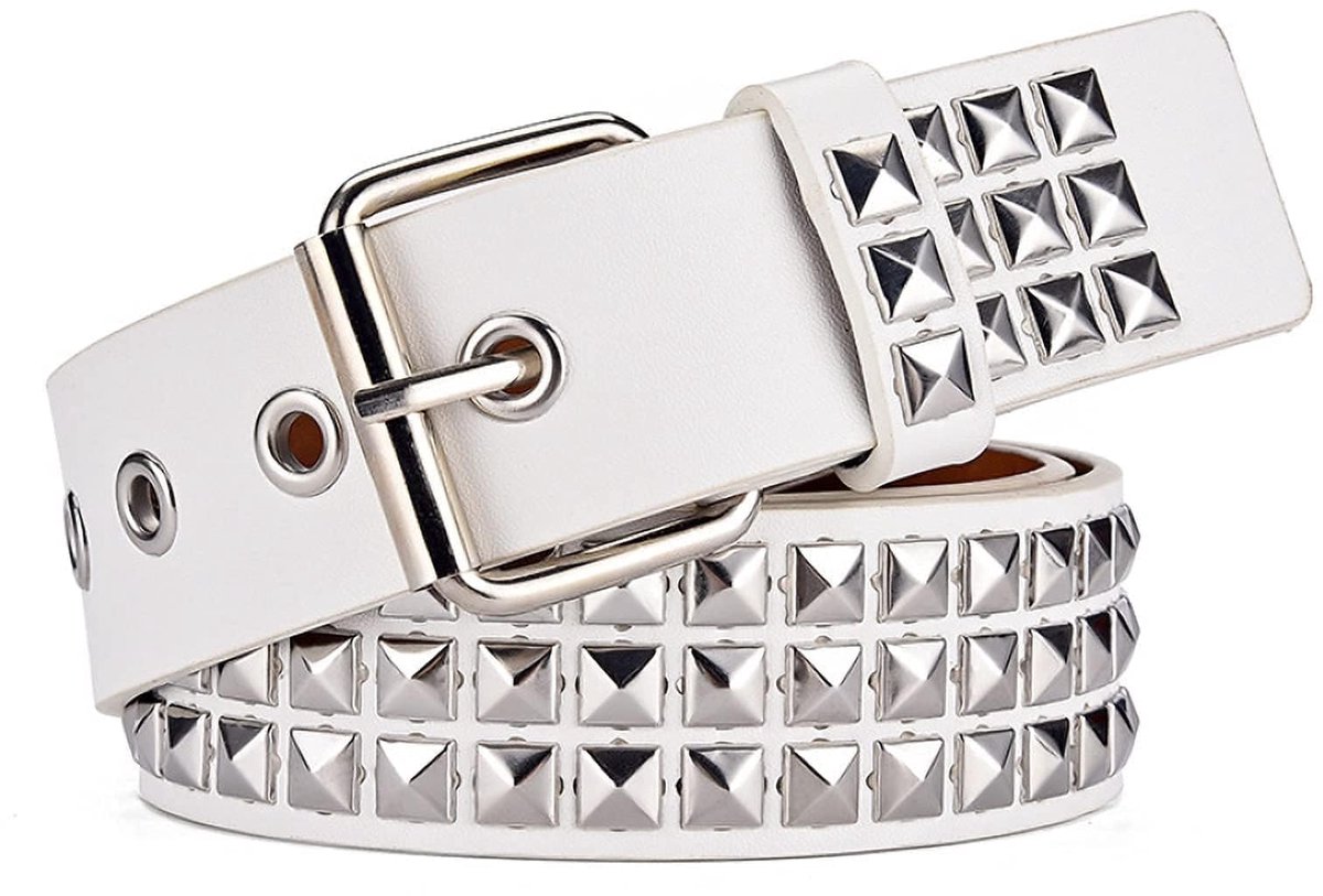 carmdering - Riem - Pu Lederen Riem - Studs Riem - Stijl 3, 3,8 cm breed, 114 cm lang - Drie rijen zilveren studs - Punk design, zwart pu-leer - Perfect voor feesten, cosplay en dagelijks gebruik