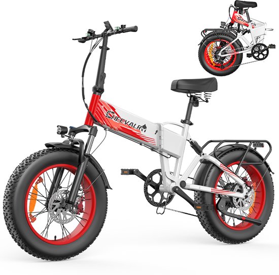Elektrische fiets 20″ Cheevalry CF1000 250W motor 48V 20Ah batterij 7 versnellingen opvouwbaar wit-rood