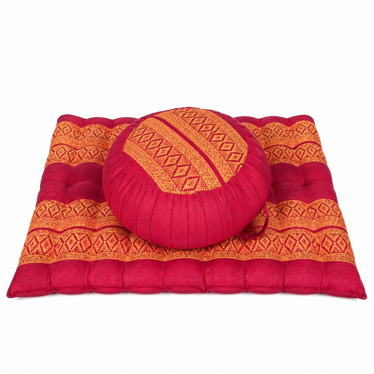 Meditatieset Zafu & Zabuton rood oranje – hard & stevig kapok – rond meditatiekussen met meditatiemat – ergonomische zithouding – yoga & meditatie