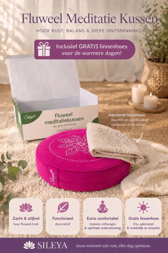 Roze fluwelen meditatiekussen met lotusbloemontwerp en gratis linnen hoes voor warme dagen.