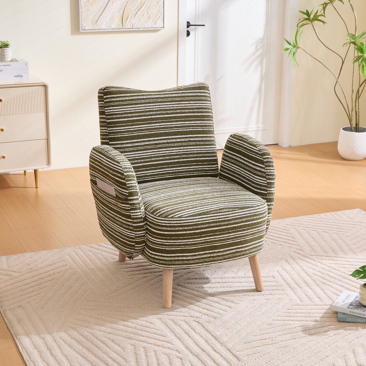 Fauteuil - Relaxstoel - Comfortabele TV-stoel - Leesstoel - Modern design - Met zijvakken - Geschikt voor de woonkamer, slaapkamer en kantoor - Olijfgroen