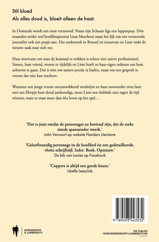 Achterflap van het boek 'Stil bloed'. Bevat de samenvatting en recensies. Rechtsonder is een ISBN-streepjescode zichtbaar.