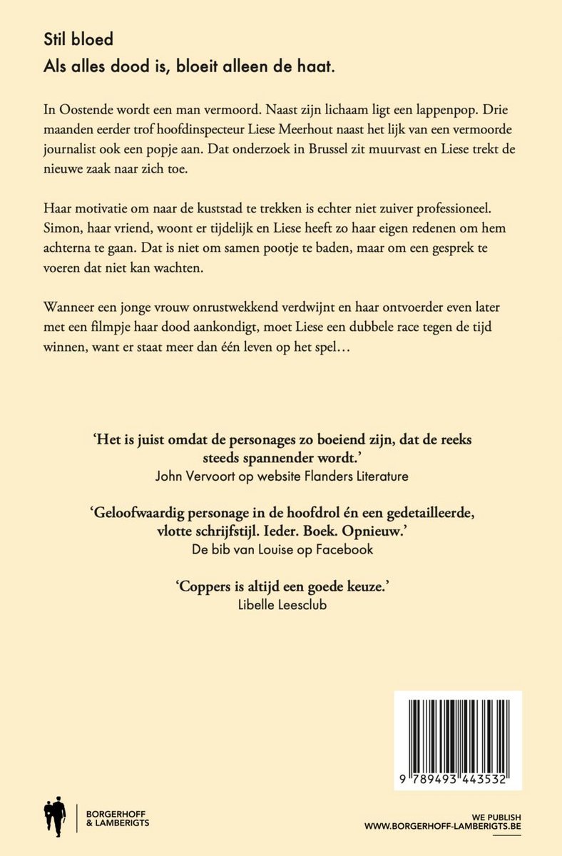 Achterflap van het boek 'Stil bloed'. Bevat de samenvatting en recensies. Rechtsonder is een ISBN-streepjescode zichtbaar.