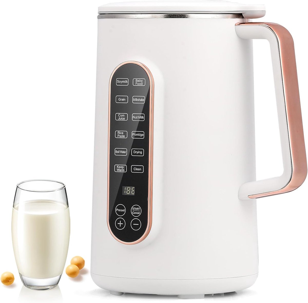 Notenmelkmaker, 1,2 liter, 8-in-1 automatische sojamelkmachine voor amandel-, haver- en melkvrije dranken, 10 messen, 12 uur vertragingstart, zelfreiniging en warmhoudfunctie, 220 V