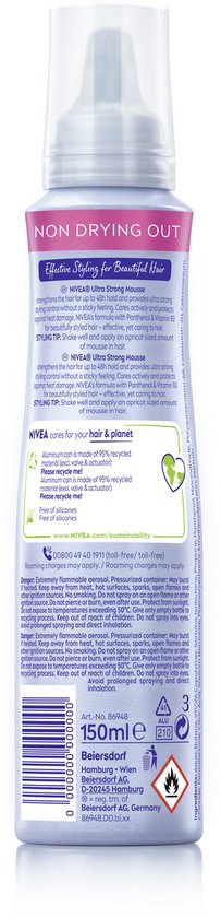 Achterkant van een NIVEA styling mousse fles met informatie over gebruik en ingrediënten.