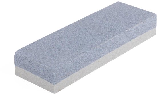Grijze wetsteen met een grove korrel, 150mm lang.