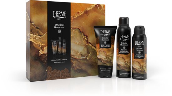 Therme Men Oriental Hammam cadeauverpakking met marmerlook, met 3 producten ernaast: douchegel, doucheschuim en deodorant.