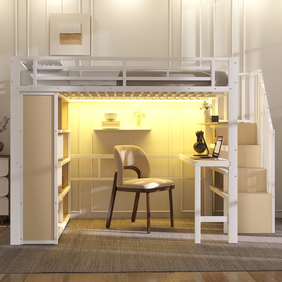 VVBV Hoogslaper 140x200 met bureau / Hoogslaper met bureau – met Trap, Opbergrekken, Opbergruimte, LED-Verlichting, Ladder – Metaal – Wit – Zonder Matras White