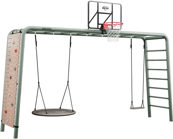BERG speeltoestel met klimmuur, nestschommel, schommel, basket en klimrek.