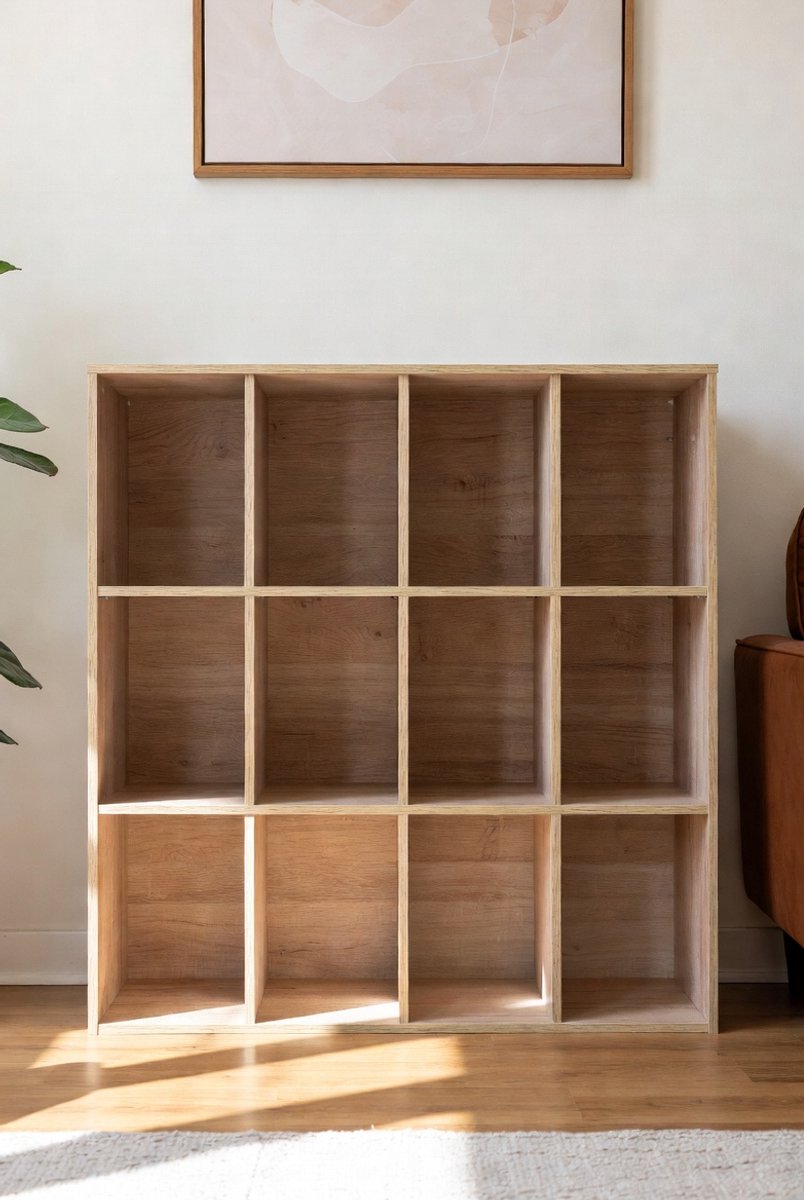 Moderne 8-Vaks Boekenkast Kubusrek – Open Staand Opbergrek met 3 Niveaus – Multifunctionele Vakkenkast voor Woonkamer, Slaapkamer & Kantoor – 122x32x93 cm – Naturel Houtlook – Ganeey