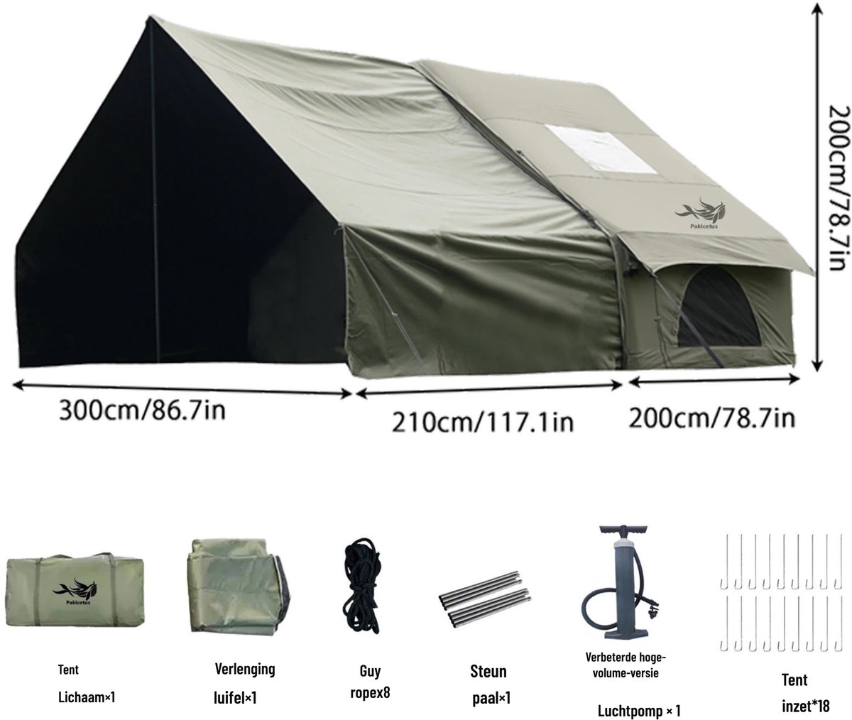 Damenzo - Opblaasbare tent - Tent - Kamperen - Kampeertent 5 - 8 personen - Camping - Vakantie - Afmeting 300x410x200cm - Khaki – foto 2