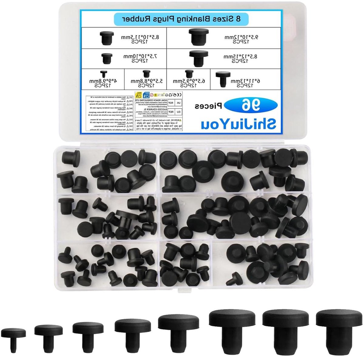 Rubberen Stoppen - Blindstops Afsluitdoppen - Gaten Afsluiten - Duurzaam Flexibel Rubber - 96 stuks 8 maten - Zwart