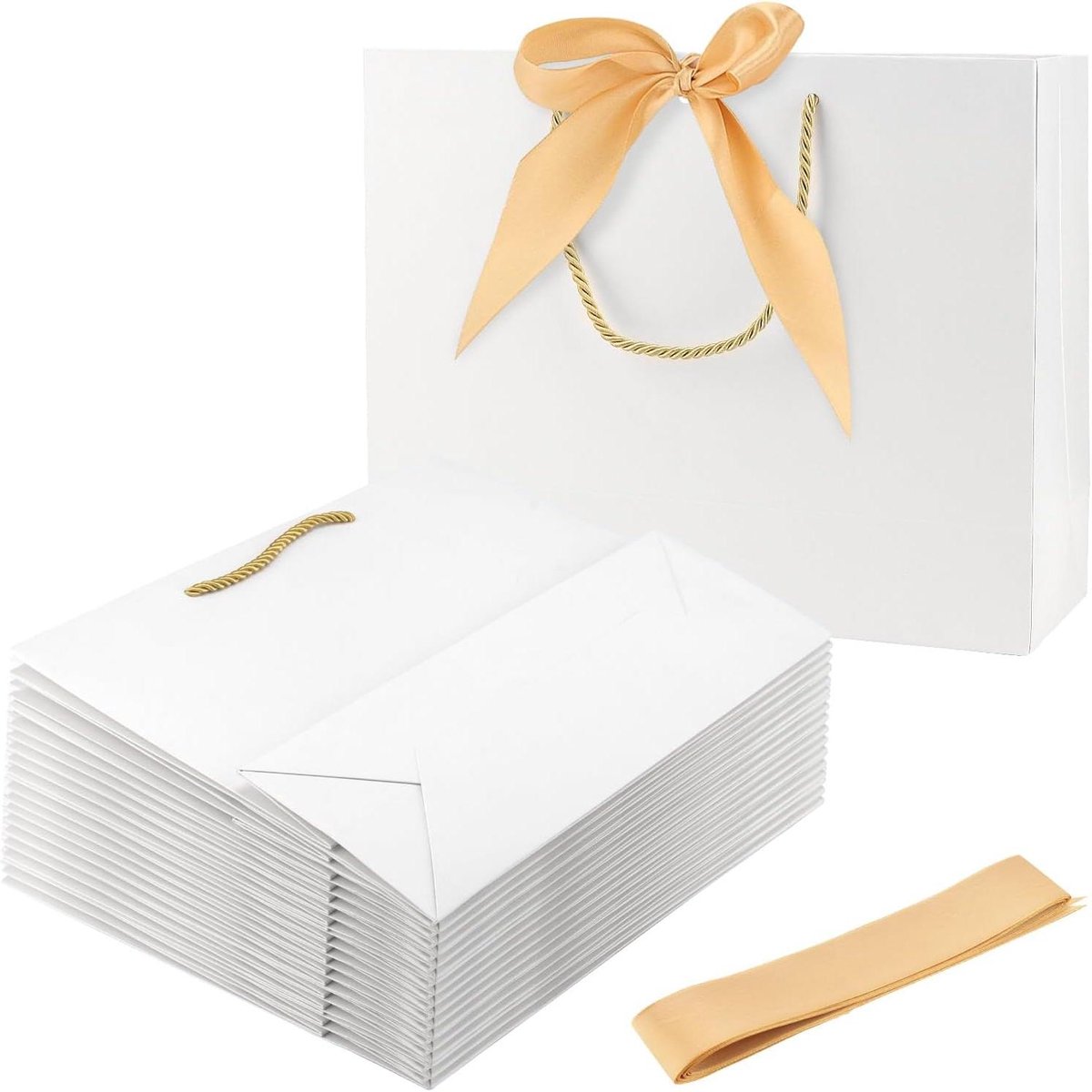 Papieren Cadeauzakjes - Geschenkzakken Verpakking - Cadeaus Inpakken - Met Gouden Lint - 32 x 25 x 11 cm - Wit