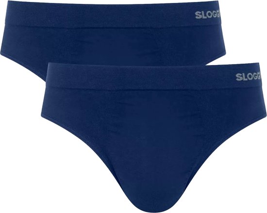 Twee marineblauwe Sloggi slips met logo op de tailleband.