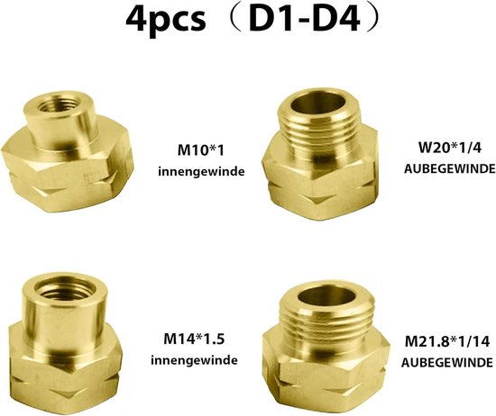 4 stuks gasflessen adapterset Europa, gasflesadapter voor het vullen van Duitse gasflessen n in het buitenland, messing gaspatronen, adapter voor het vullen van Duitse gasflessen, messing (Nr D1-D4) van Merkloos — afbeelding 5