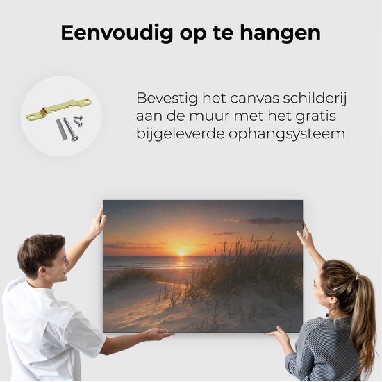 Artaza Canvas Schilderij Zonsondergang Strand - Duinen En Hoog Gras - 120x80 cm - Groot - Wanddecoratie Woonkamer - Schilderijen - Muurdecoratie