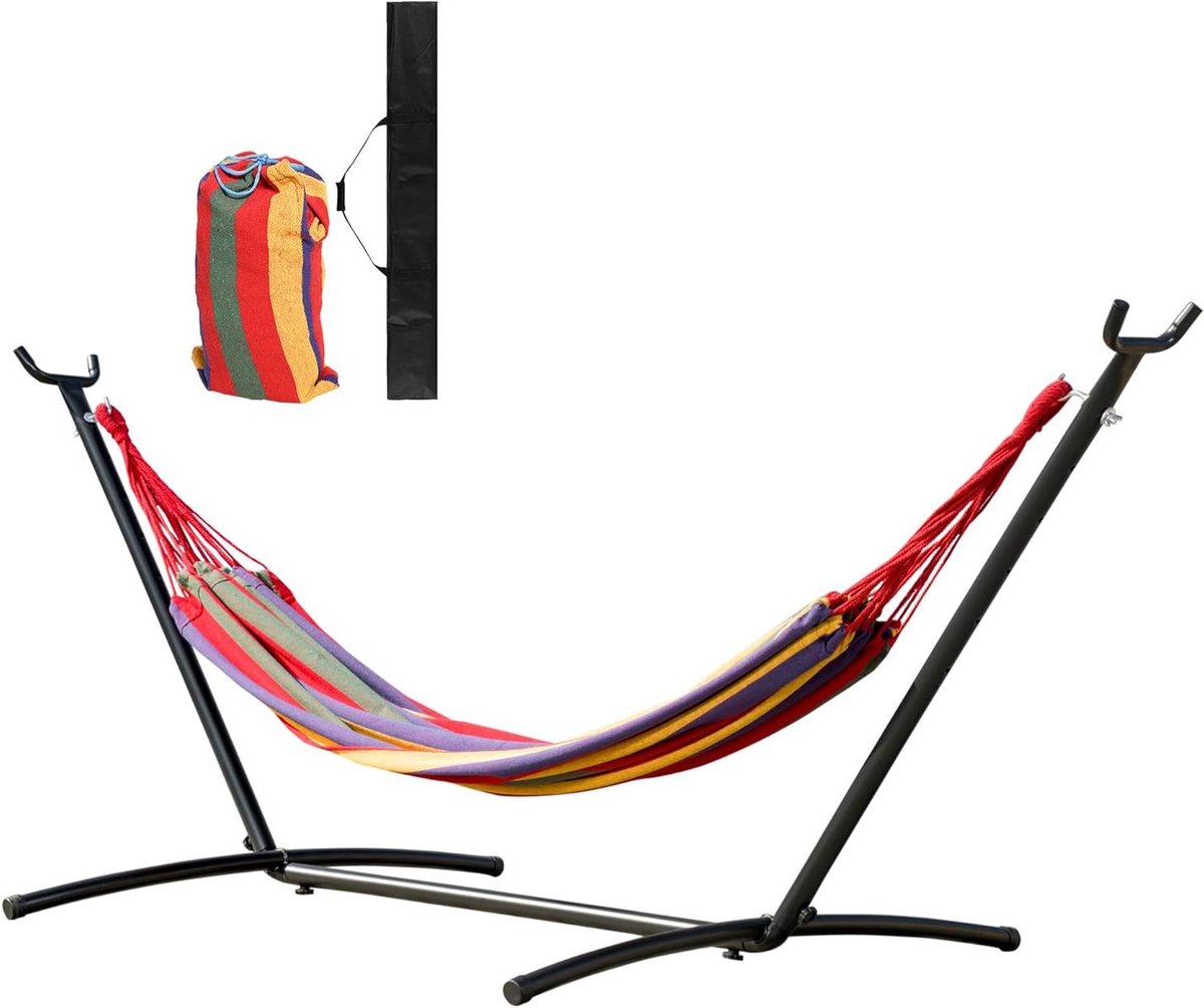 Hangmat met frame - Schommelmat Relaxmat - Buiten Ontspannen - 6-traps in hoogte verstelbaar - 285 x 118 cm - Veelkleurig