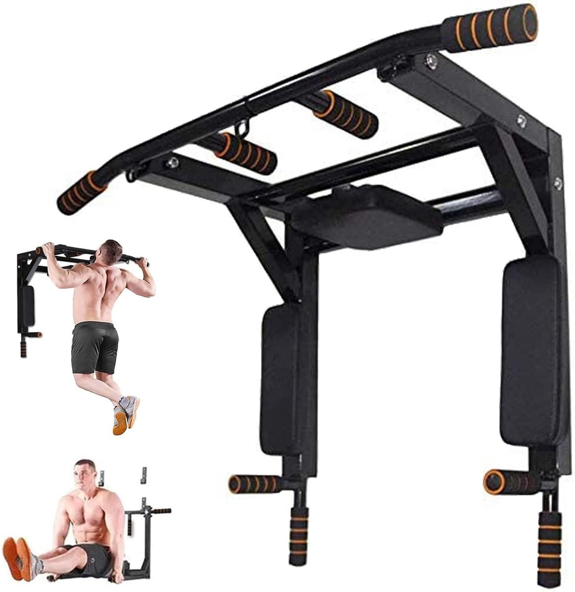Wandgemonteerde Optrekstang - Dipstation Fitnessbar - Full Body Workout - 2-in-1 Uitrusting - 450 lbs Draagvermogen - Zwart