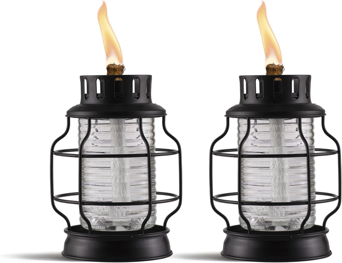 Tafel Lantaarn Fakkel - Tuinfakkel Buiten - Sfeer Verlichting - Geschilderd Metaal - 18 cm Hoog - Zwart