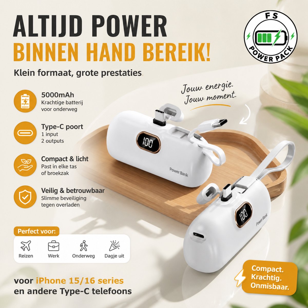Premium Design 2026 Mini Powerbank 5000mAh – 2-in-1 Met Ingebouwde Kabels – 20W Snellader – Ultradun & Draagbaar – LED Display – Type-C & iPhone/Samsung FS Power Pack Mini Powerbank 5000mAh –Zwart/Wit- Ideaal Noodpakket / Kerstcadeau / Black Friday