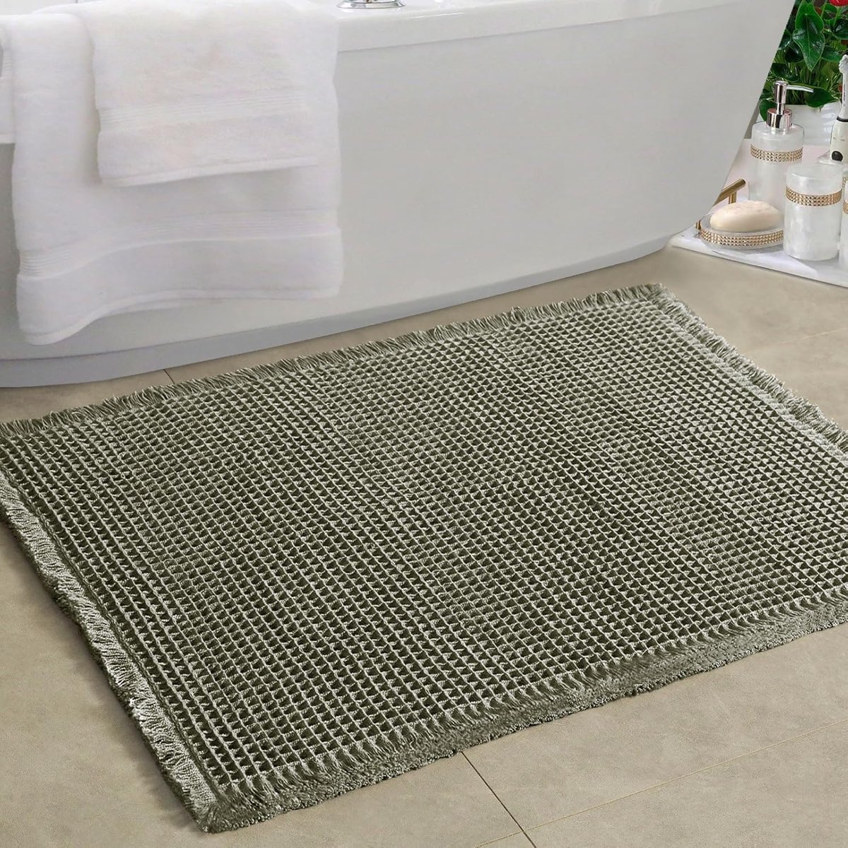 Wafel badmat met antislip tapijtpads, super zachte, absorberende badkamermat, antislip badmat met franje en rubberen antislip tapijt，50×80cm