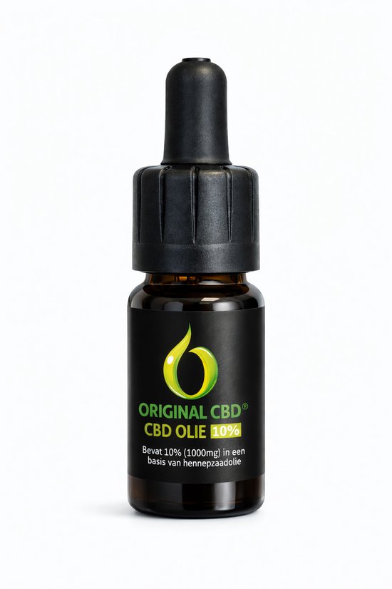 Glazen flesje met zwarte druppelaar dop. Zwart label met groene logo en tekst: ORIGINAL CBD® CBD OLIE 10%.