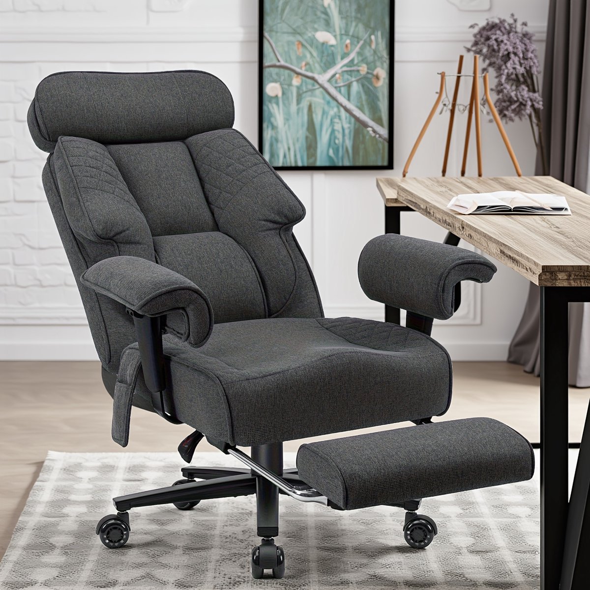 HOFFREE XXL Bureaustoel tot 227 kg – Big & Tall Directiestoel met Brede Zitting, Kunstleer, Verstelbare Lendensteun, Ergonomische Draaistoel – Grijs