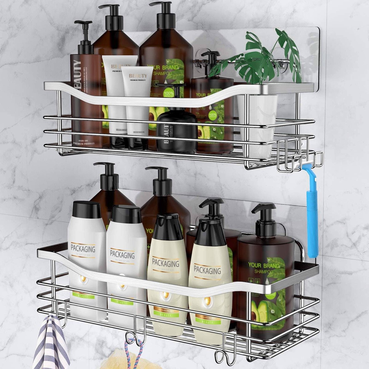 Doucherek Zonder Boren Set van 2 – Zelfklevend RVS Doucheplank met 5 Haken – Zilver – Roestvrij Badkamer Organizer – Wandrek voor Shampoo & Douchegel – Sterk Ophangrek voor Badkamer, Douche en Keuken