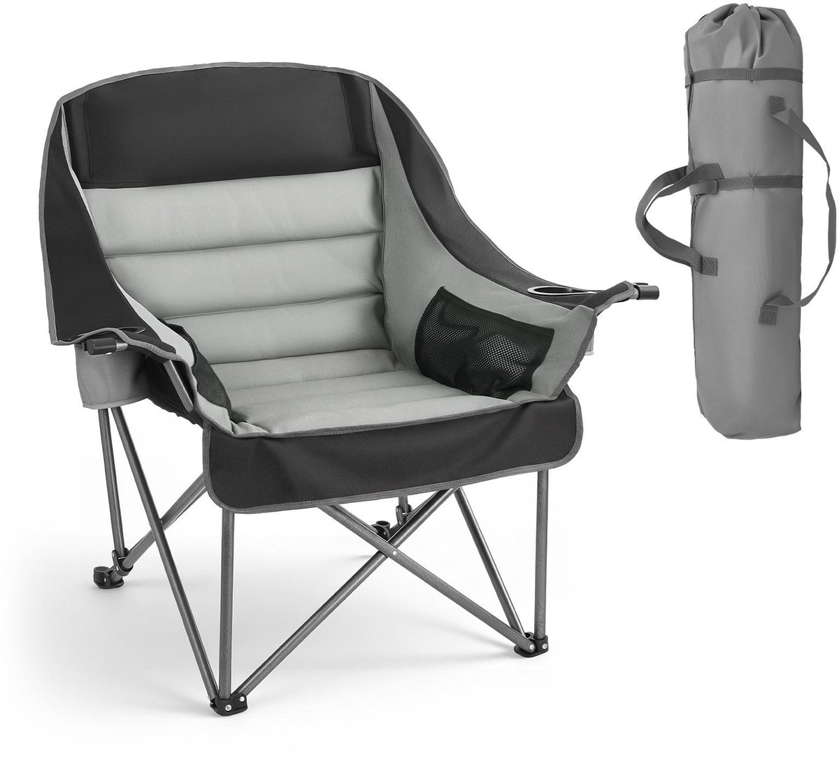 Campingstoel-Extra Grote Campingstoelen-204 kg-Ondersteuning, Draagbare -Dubbele Bekerhouders & Wijnglas Houders-Zwart & Grijs.