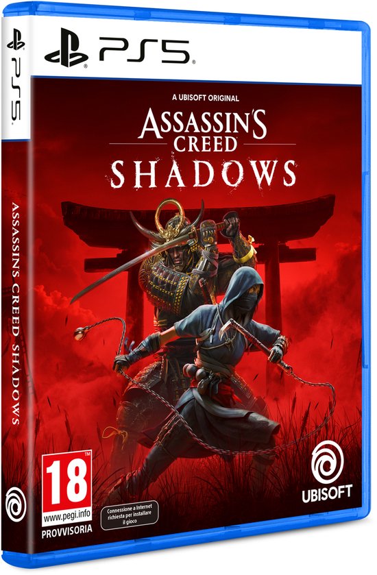 Assassin's Creed Shadows PS5 gamehoes met samoerai en ninja met rode achtergrond.