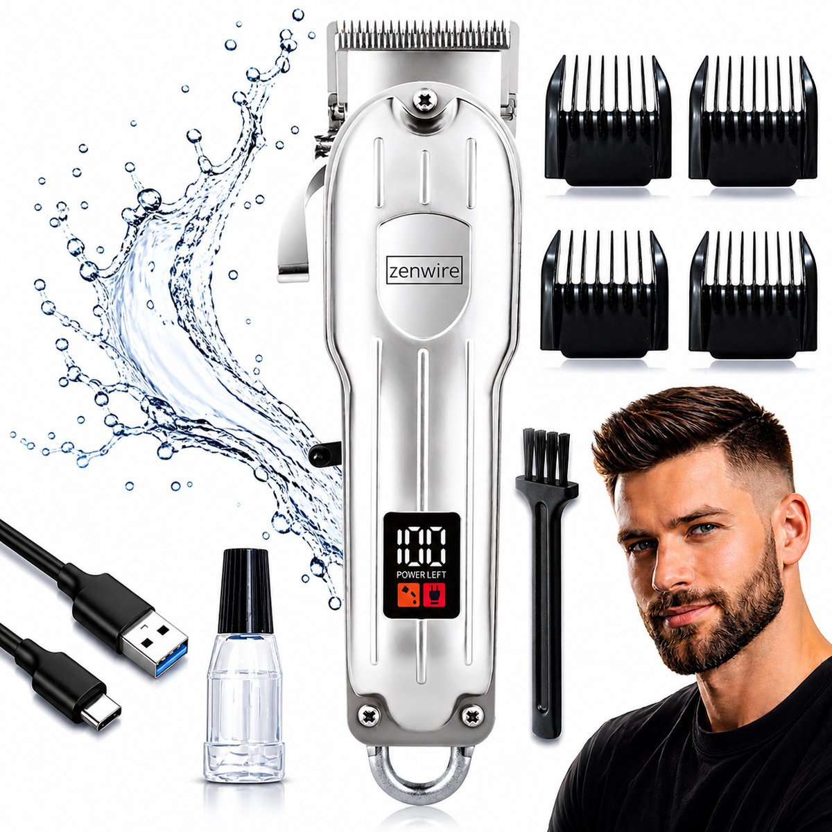 DRAADLOZE TRIMMER EN SCHEERAPPARAAT VOOR BAARD EN HAAR 0 mm LED PRO BARBER Zenwire 805