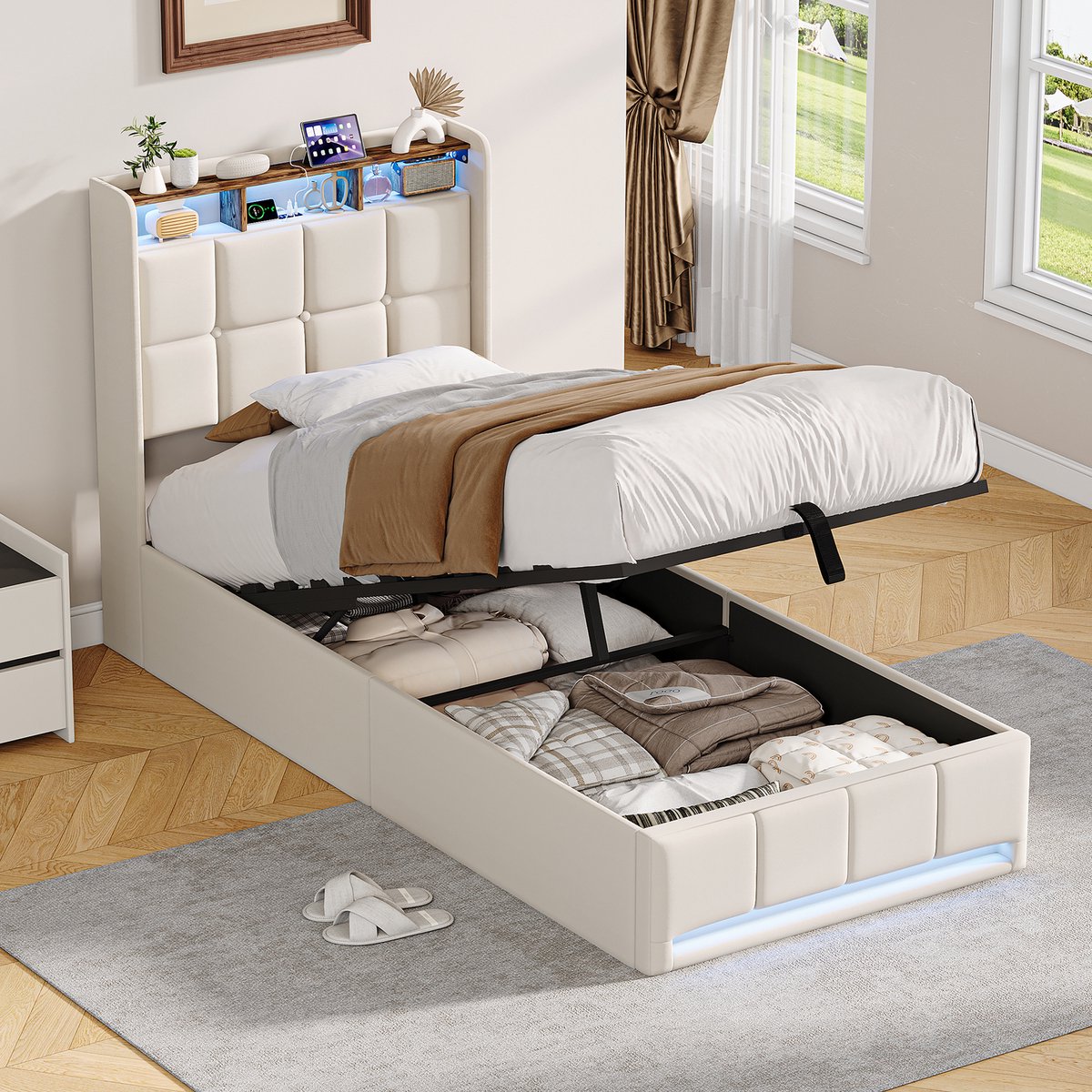 ROSAHQNDA Modern eenpersoonsbed 90x200cm, kinderbed met ledverlichting en USB-oplaadpoort, hydraulische opbergstang, beige linnen stof, exclusief matras