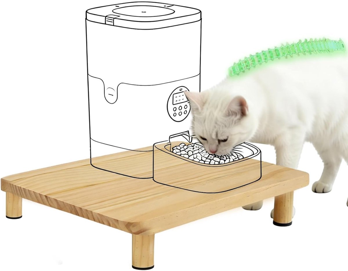 Verhoogd platform voor kattenvoerdispenser van massief hout, geschikt voor automatische voerautomaten, verbetert eetcomfort en ondersteunt nek en gewrichten (34,3 x 20 x 6,1 cm)