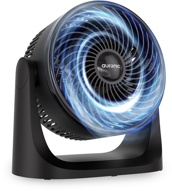 Auronic stille tafelventilator 3 snelheden 41 dB 7 m luchtstroom 90° verstelbaar wand- of tafelmontage zwart