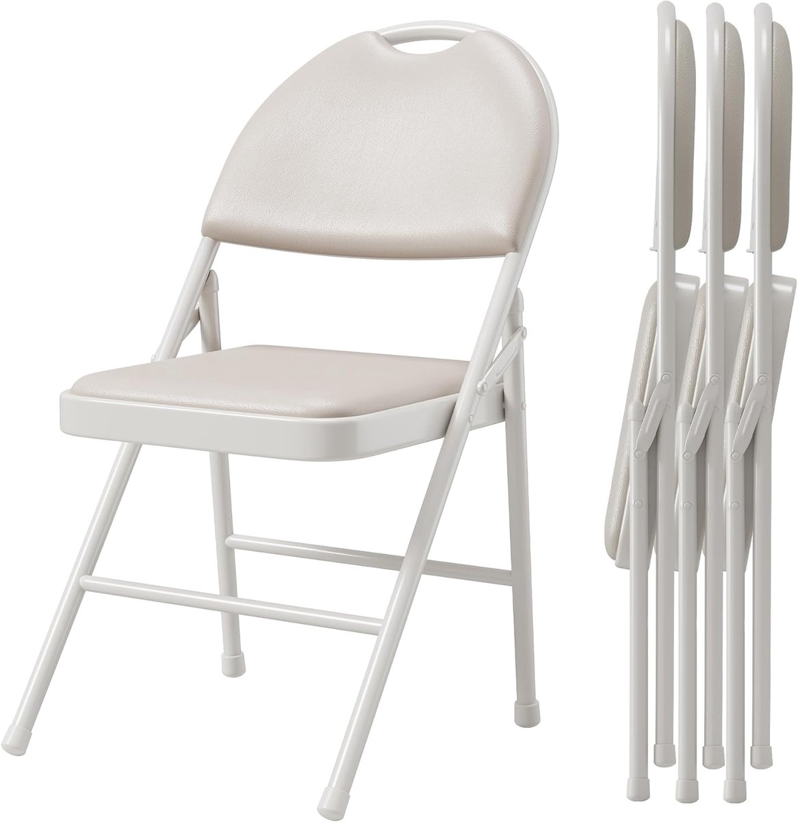 HOERFURIY Set van 4 Luxe Klapstoelen - Ergonomische Eetkamerstoel met Hoge Rugleuning - PU Leer & Metalen Frame - Ruimtebesparend - Beige