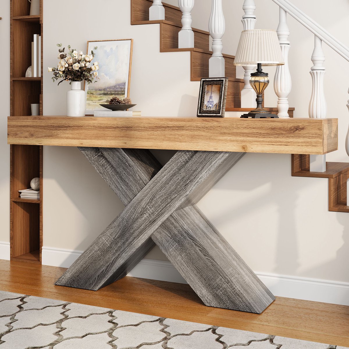 Sidetable 140x30x80 cm - smalle consoletafel in naturel houtlook - haltafel met X frame - voor hal woonkamer of gang