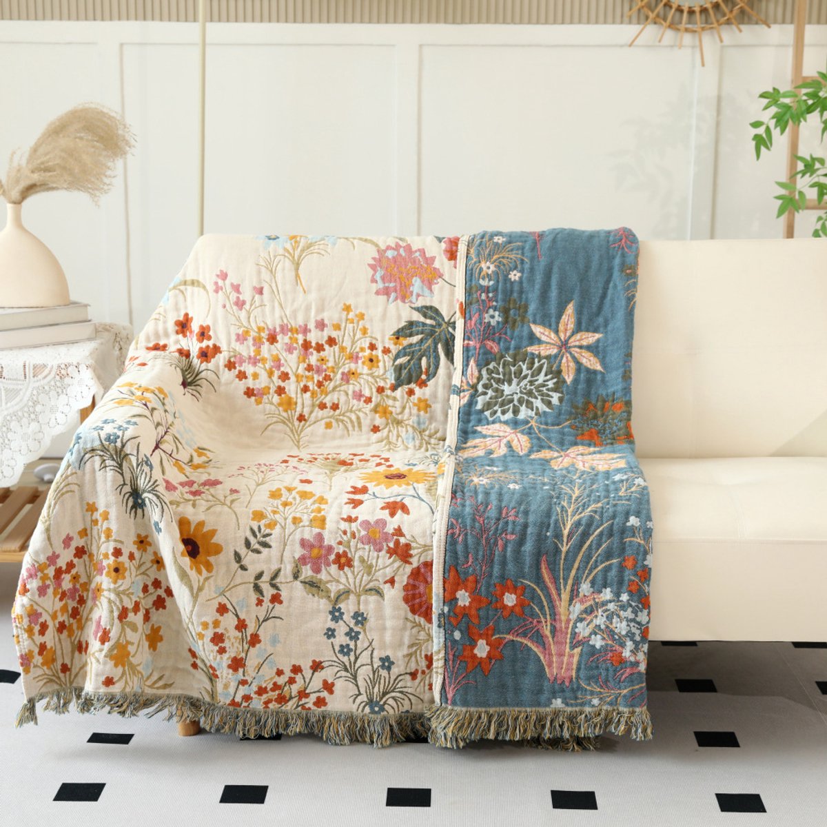 Boho-sprei- 100% katoen- dubbelzijdige decoratieve lentesprei met franjes- voor het hele jaar door bruikbaar- mousseline deken met prachtig bloemenpatroon- geschikt voor eenpersoonsbed- 150 x200cm — cadeau in Wonen & Interieur - foto 7