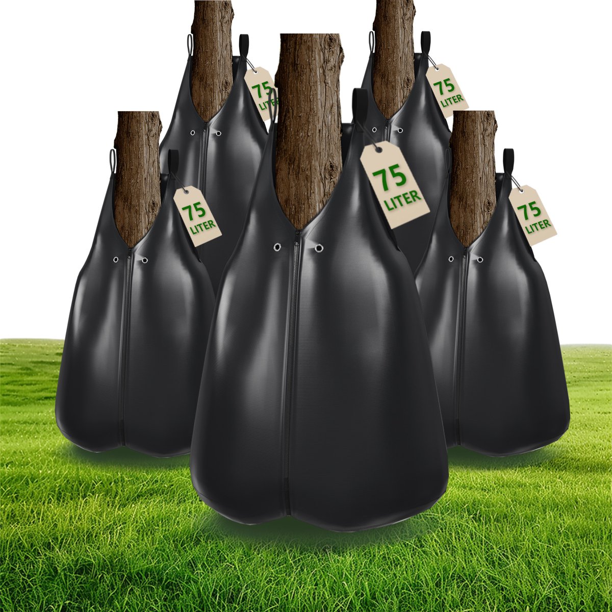 Aufun set van 5 boomwaterzakken – 75 L per zak, PVC, met vulopening Ø 8,5 cm, voor kleine en grote bomen en jonge bomen, zwart