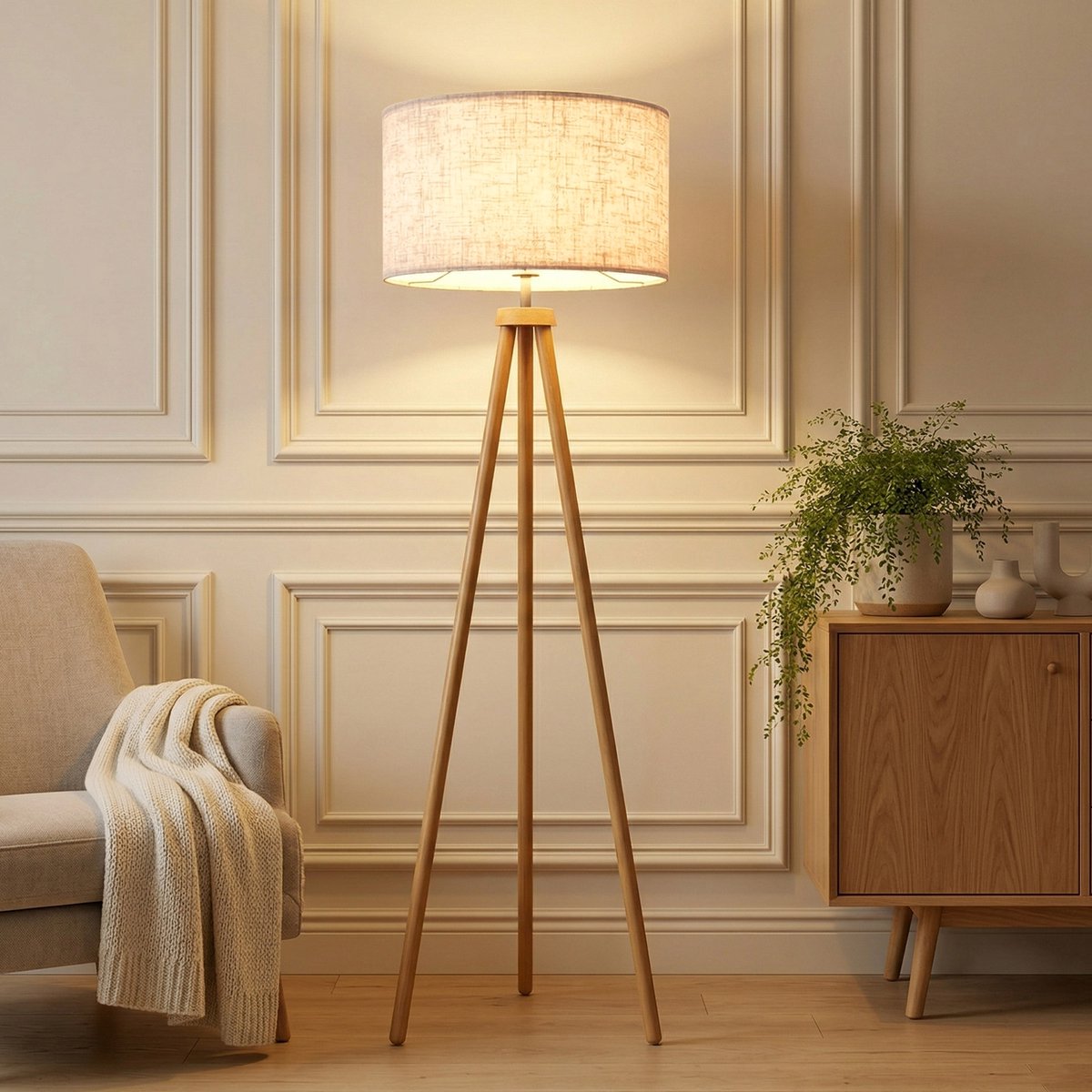 MUPOO Houtlook Landelijk Driepoot Vloerlamp met Linnen Lampenkap - Inclusief LED Lamp & Voetschakelaar - Scandinavisch Tripod Staande Lamp Sfeervolle voor Woonkamer - modern Statief Staande Leeslamp voor Leeshoek of Kantoor