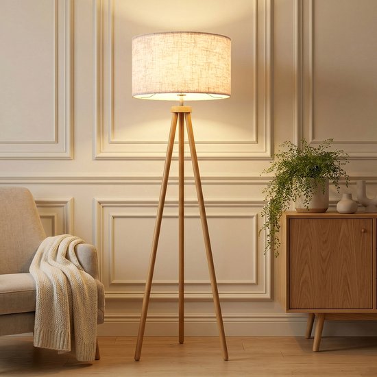 MUPOO Lampadaire trépied rustique en métal aspect bois avec abat-jour en lin - Ampoule LED et interrupteur au pied inclus - Lampadaire trépied scandinave pour salon - Lampadaire de lecture sur trépied moderne pour coin lecture ou bureau