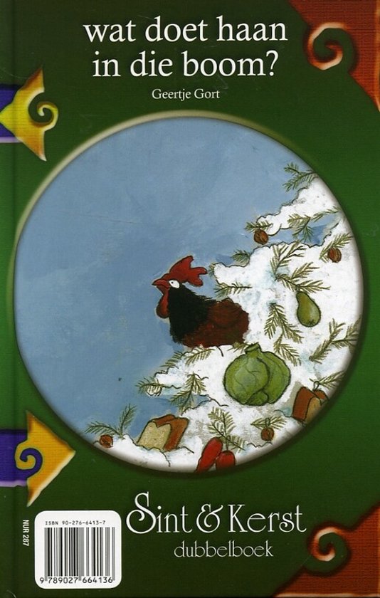 Boek "Wat doet haan in die boom?" met een haan in een kerstboom.