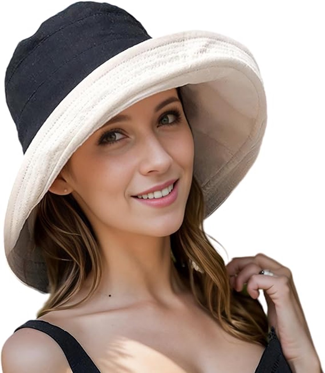 Ulisem - Zonnehoed - Dames Dubbele Zomerhoed - 56-61 cm - 18 cm Brede Rand - UPF 50+ - Opvouwbaar - Met Afneembare Kinband - Voor Strand en Tuin - Ademend