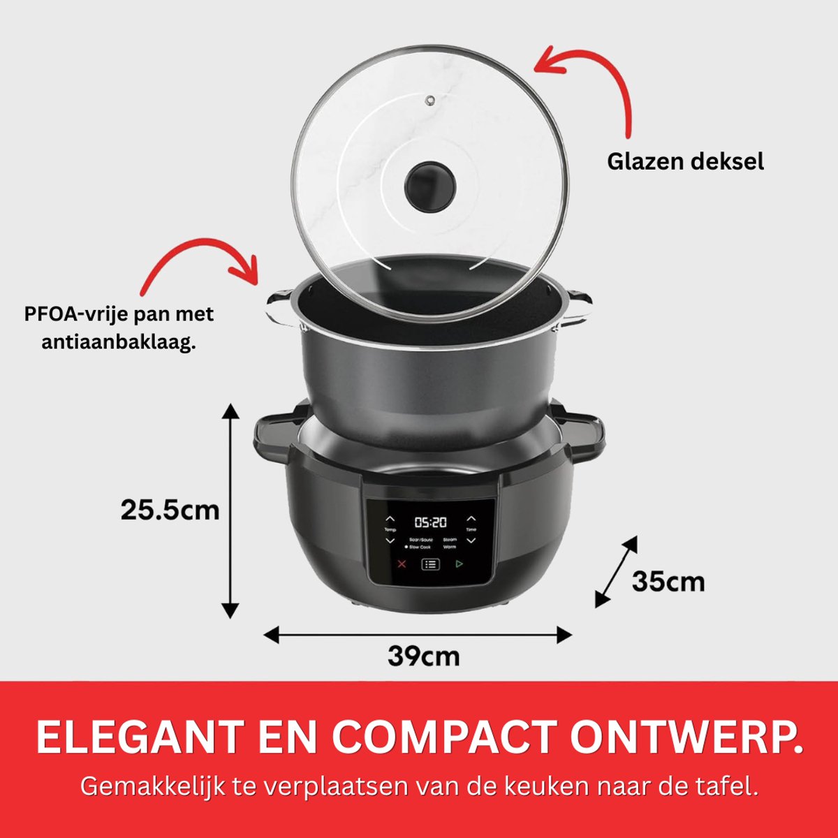 TopChoice® Slowcooker met Timer - Multicooker - Crockpot - 39x26x35cm - Zwart – foto 3