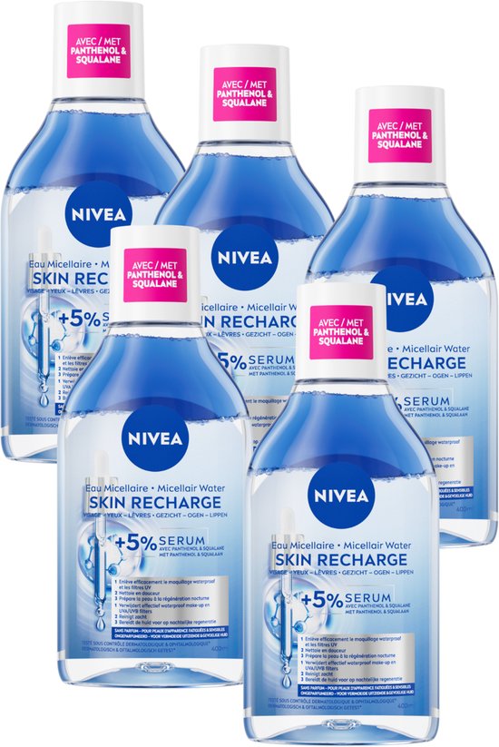 Vijf flessen NIVEA micellair water REGENERATING met +5% serum, voor gezicht, ogen en lippen.