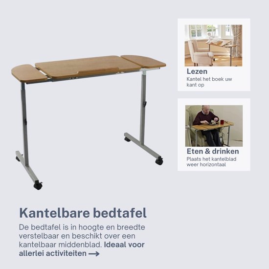 Houten bedtafel op wielen, verstelbaar in hoogte en breedte, met kantelbaar middelblad.