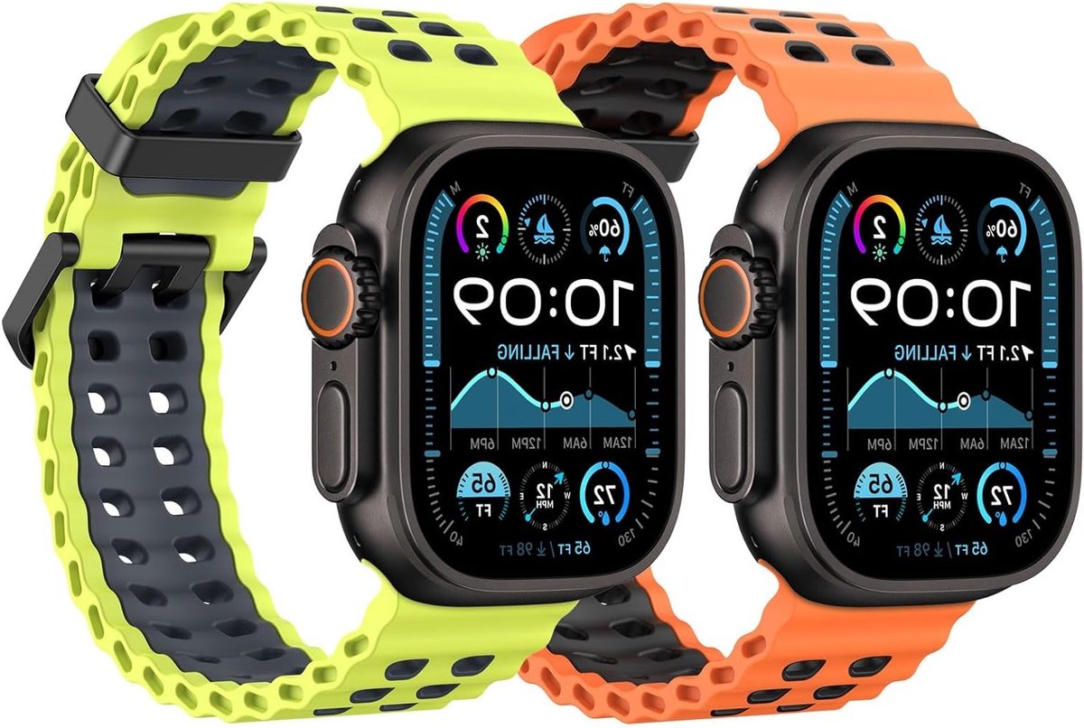 Ademend Ocean Band voor Apple Watch Ultra 2/49mm, S10 46mm, 9/8/7 45mm, SE2/SE/6/5/4 44mm, 3/2/1 42mm - Twee Kleurige Silicone Sportband voor Mannen en Vrouwen, Comfortabel en Duurzaam